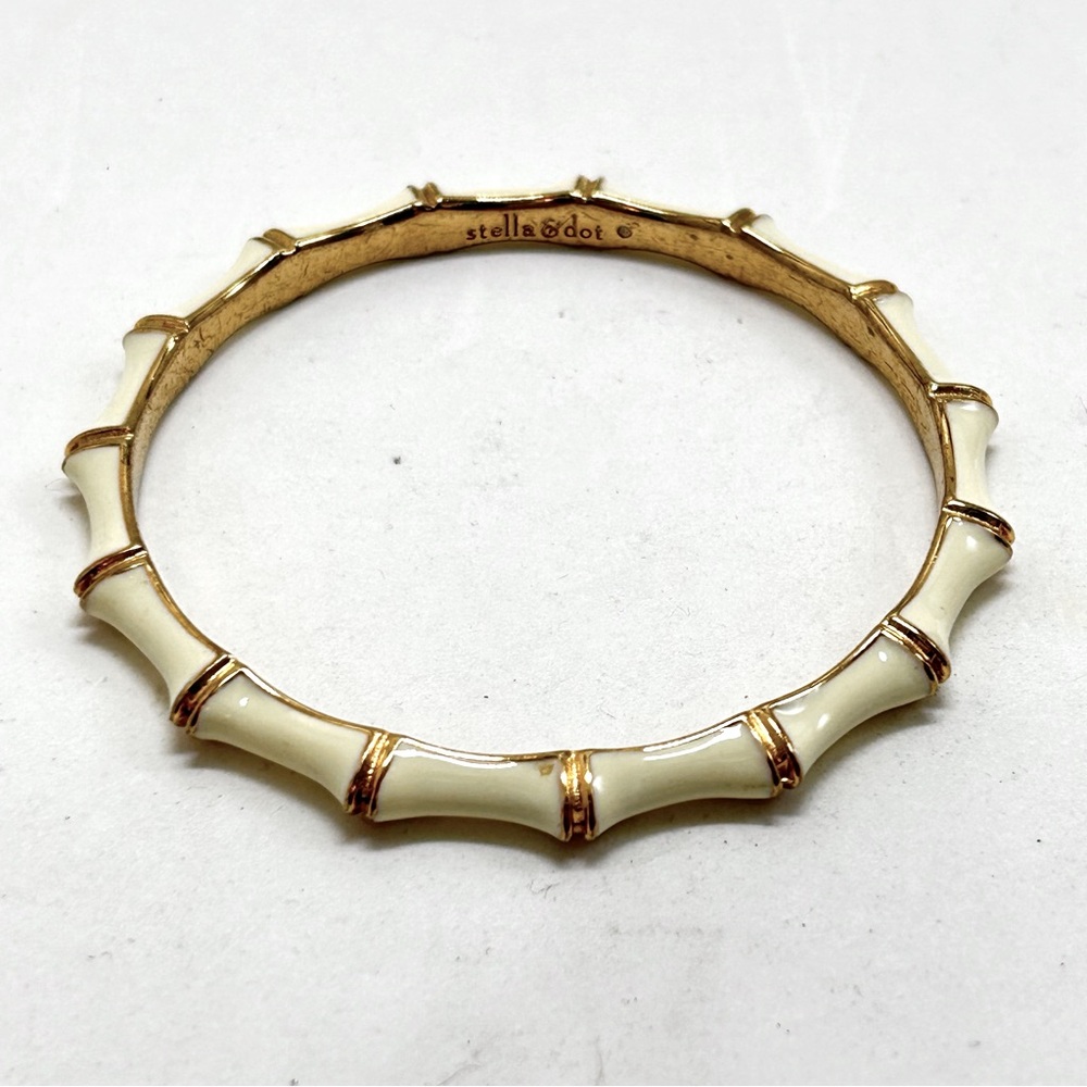 Stella & Dot, Gold And White Enamel Bamboo Design Bangle Bracelet - Picture 2 of 6